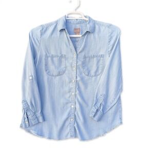 Chicos Shirt Womens 1 Blue Lyocell Tencel Denim Look Raw Hem Button Up Roll Tab